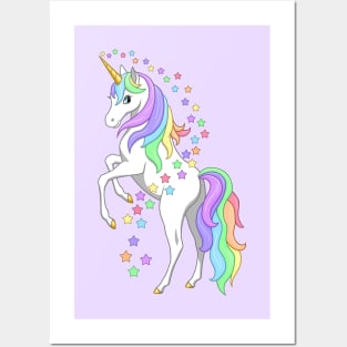 Rearing Rainbow Unicorn and Stars Posters and Art